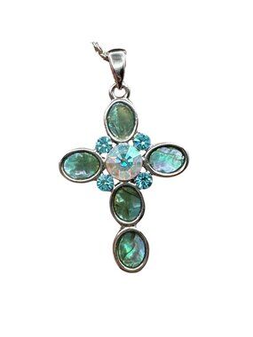 Cookie Lee Abalone Cross Necklace Rhinestone Center Silver Tone 18" Beachy Boho